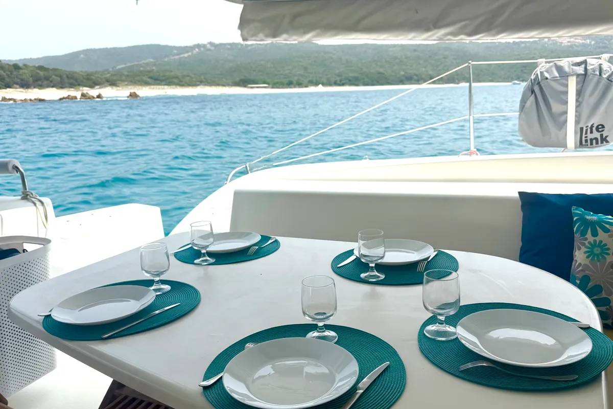 Deck of Shamane, a Fountaine Pajot Salina 48 catamaran at Porto-Vecchio, France
