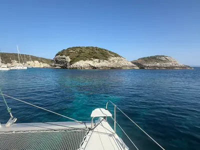Deck of Shamane, a Fountaine Pajot Salina 48 catamaran at Porto-Vecchio, France