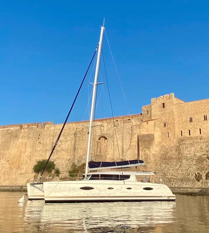 Exterior view of Shamane, a Fountaine Pajot Salina 48 catamaran at Porto-Vecchio, France