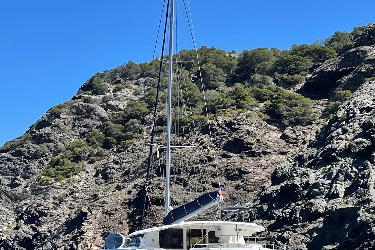 Exterior view of Shamane, a Fountaine Pajot Salina 48 catamaran at Porto-Vecchio, France