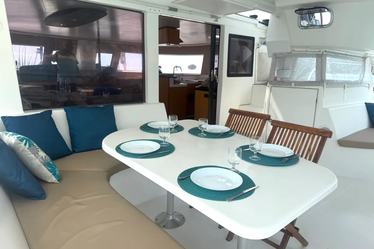 Deck of Shamane, a Fountaine Pajot Salina 48 catamaran at Porto-Vecchio, France