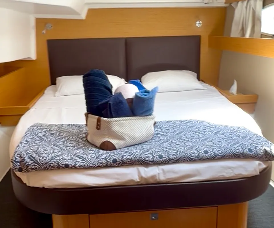 Cabin on Shamane, a Fountaine Pajot Salina 48 catamaran at Porto-Vecchio, France