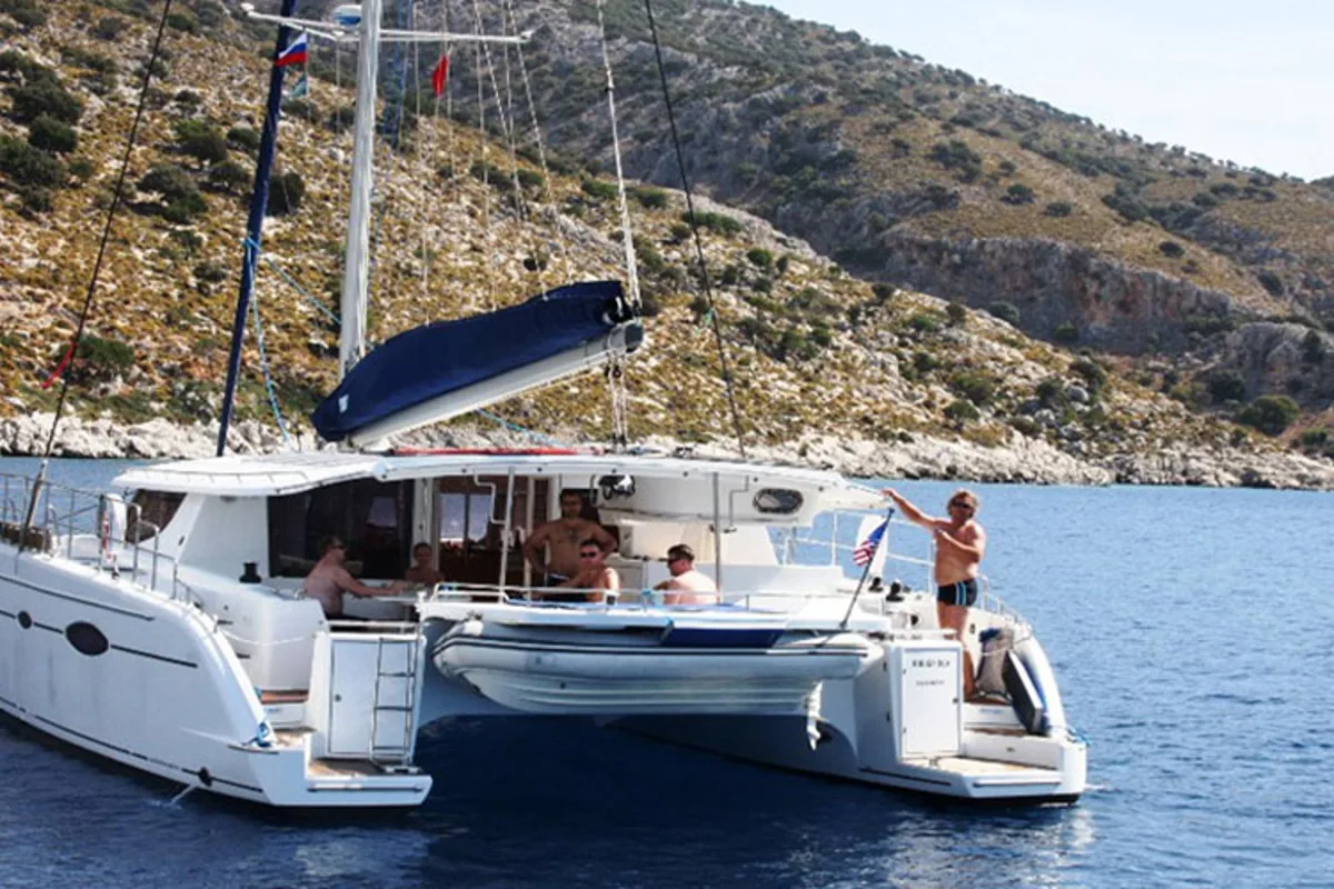 Exterior view of Shamane, a Fountaine Pajot Salina 48 catamaran at Porto-Vecchio, France