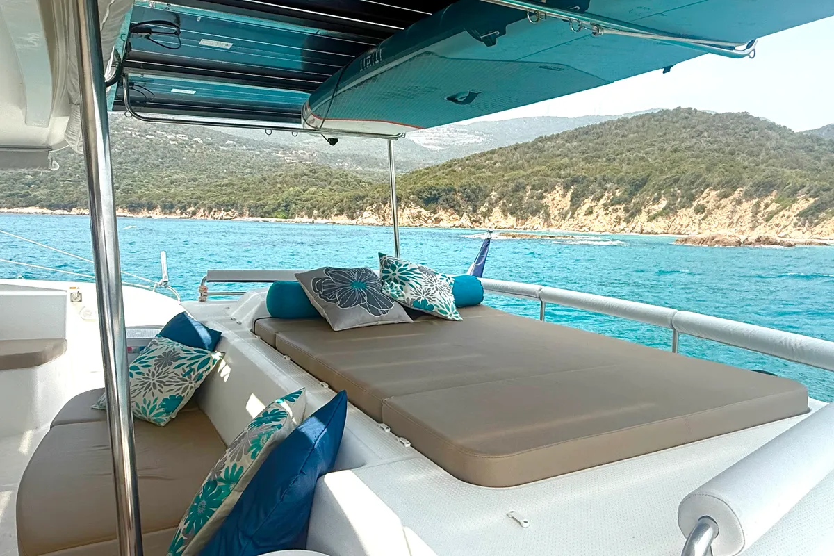 Deck of Shamane, a Fountaine Pajot Salina 48 catamaran at Porto-Vecchio, France