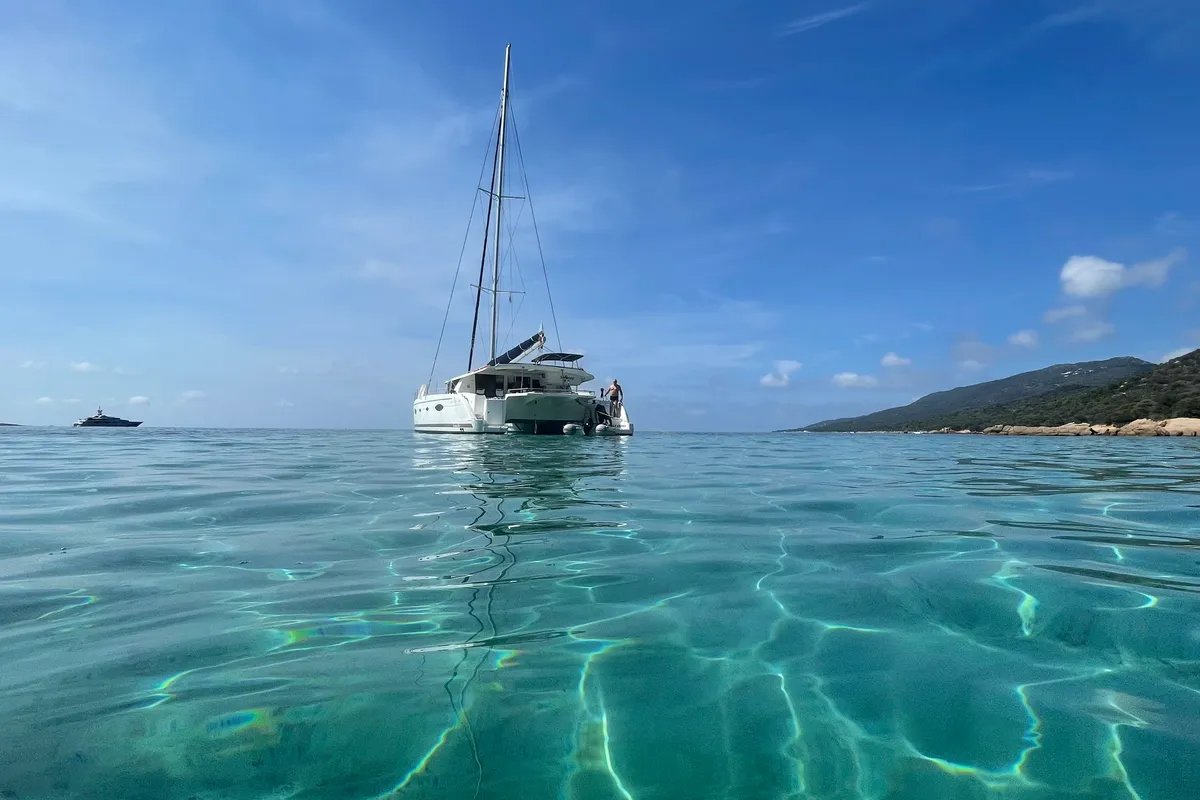 Exterior view of Shamane, a Fountaine Pajot Salina 48 catamaran at Porto-Vecchio, France