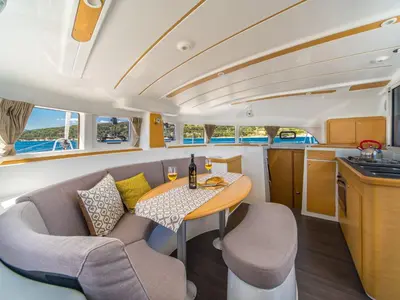 Salon of Queen Mia, a Lagoon 380 catamaran at Biograd na Moru, Croatia