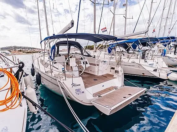 Exterior view of Flinx, a Bavaria Cruiser 37 sailboat at Betina, Croatia