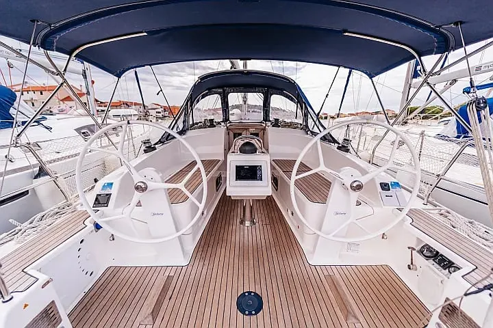Cockpit of Flinx, a Bavaria Cruiser 37 sailboat at Betina, Croatia