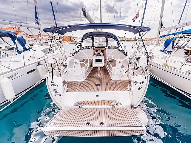Exterior view of Flinx, a Bavaria Cruiser 37 sailboat at Betina, Croatia