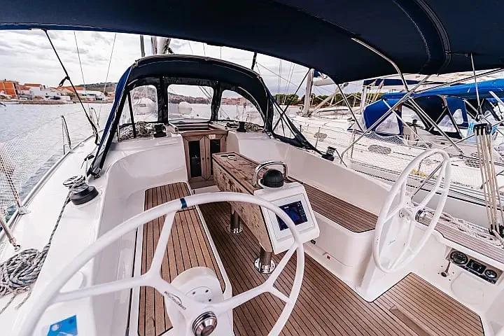 Cockpit of Flinx, a Bavaria Cruiser 37 sailboat at Betina, Croatia