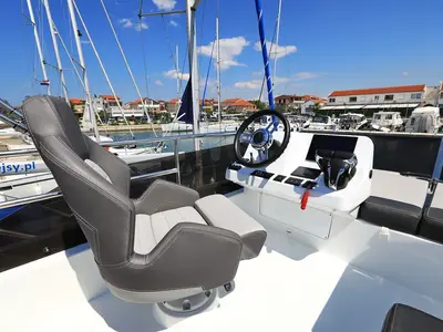 Cockpit of Tana, a Jeanneau Merry Fisher 1095 Fly motorboat at Pirovac, Croatia