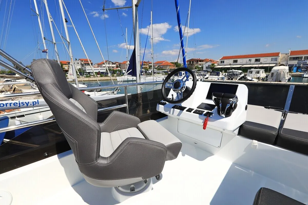 Cockpit of Tana, a Jeanneau Merry Fisher 1095 Fly motorboat at Pirovac, Croatia