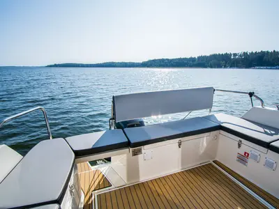 Deck of Balt 918 - 3 cab., a Balt 918 Titanium motorboat at Wilkasy, Poland
