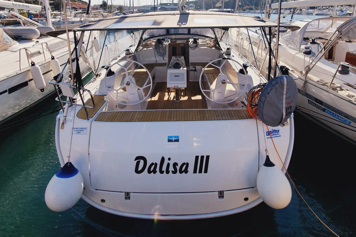Exterior view of Dalisa III, a Bavaria Cruiser 46 sailboat at Grad Pula, Croatia