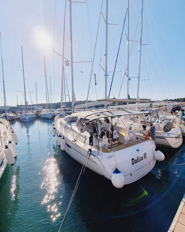 Exterior view of Dalisa III, a Bavaria Cruiser 46 sailboat at Grad Pula, Croatia