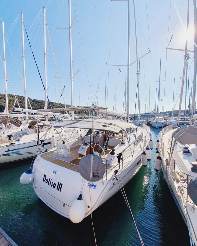 Exterior view of Dalisa III, a Bavaria Cruiser 46 sailboat at Grad Pula, Croatia