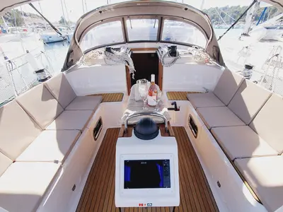 Deck of Dalisa III, a Bavaria Cruiser 46 sailboat at Grad Pula, Croatia
