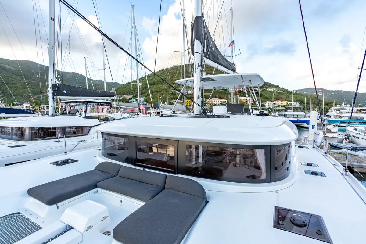 Deck of Clearlake III, a Lagoon 46 OW catamaran at Road Town, British Virgin Islands
