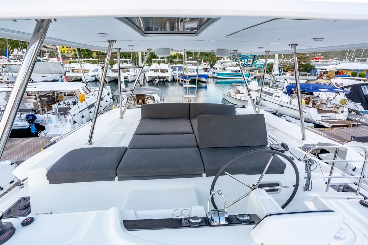 Cockpit of Clearlake III, a Lagoon 46 OW catamaran at Road Town, British Virgin Islands