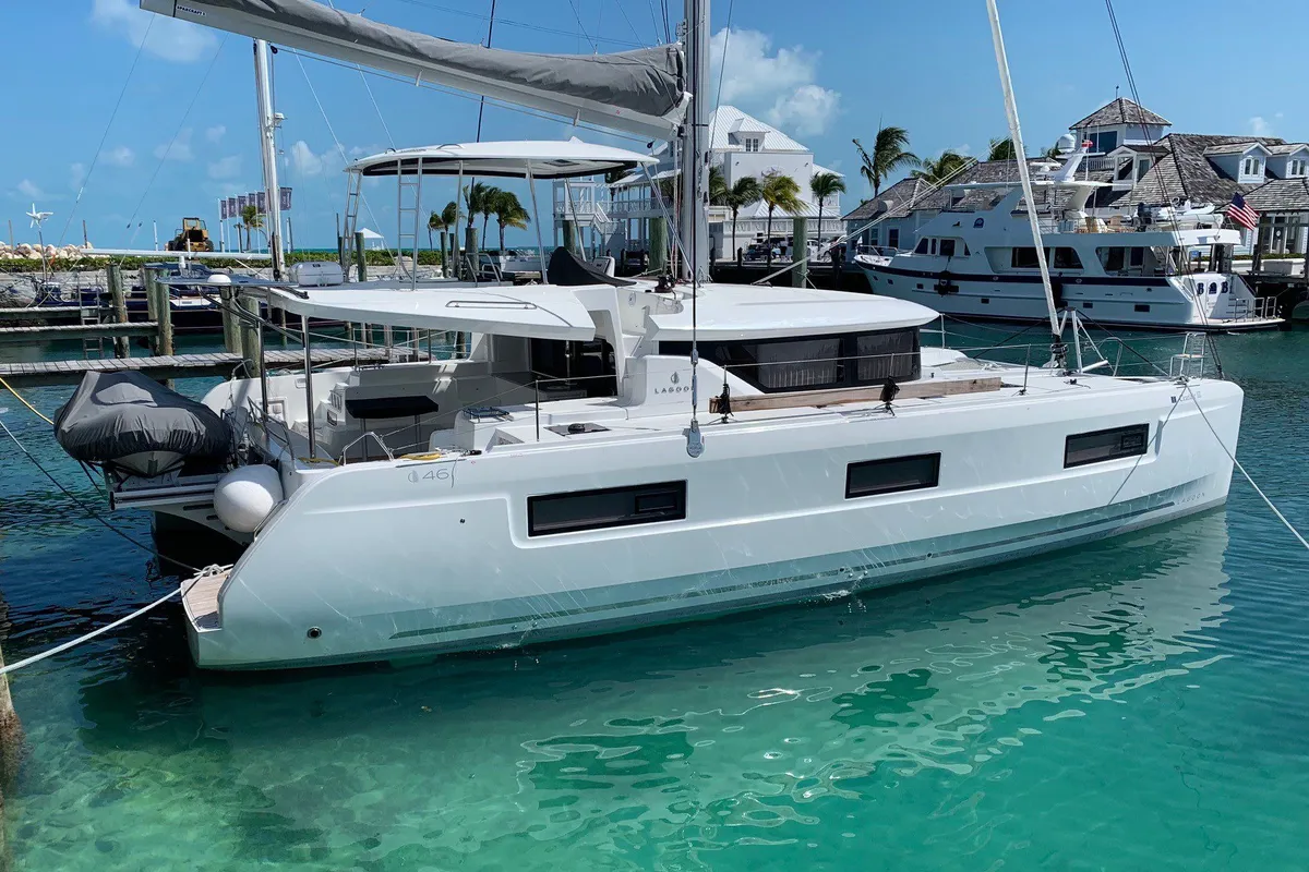 Exterior view of Clearlake III, a Lagoon 46 OW catamaran at Road Town, British Virgin Islands