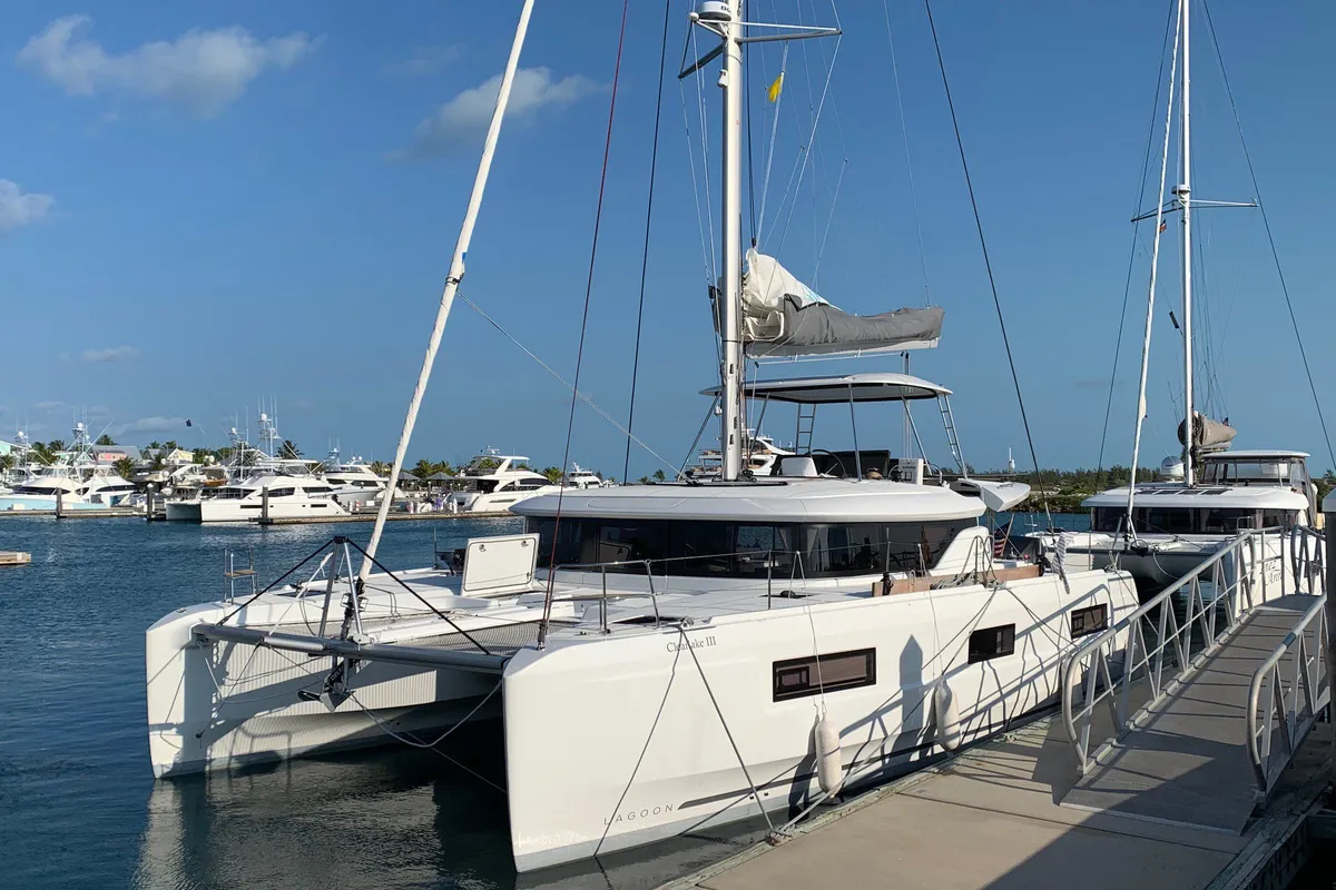 Exterior view of Clearlake III, a Lagoon 46 OW catamaran at Road Town, British Virgin Islands