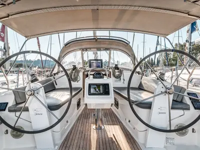 Cockpit of Poseidon, a Bavaria Cruiser 37 sailboat at Kontokali, Greece