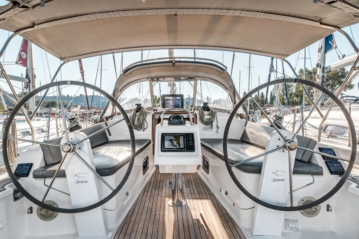 Cockpit of Poseidon, a Bavaria Cruiser 37 sailboat at Kontokali, Greece