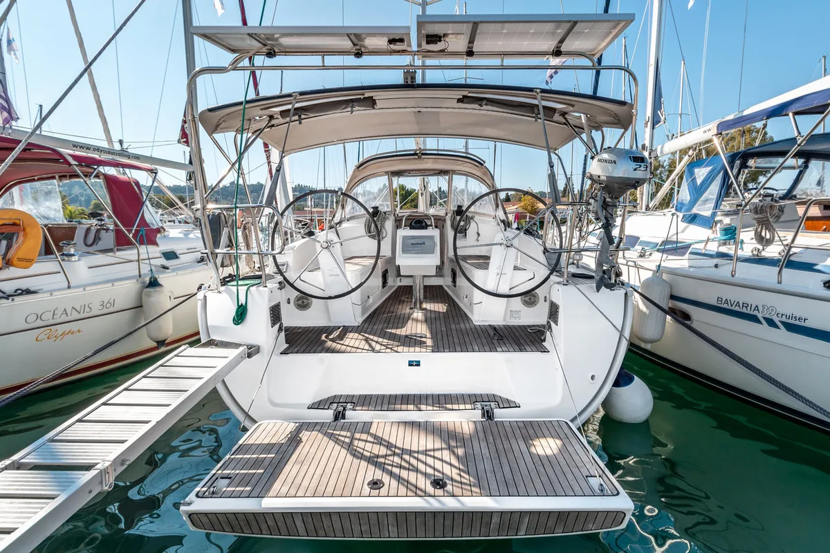 Exterior view of Poseidon, a Bavaria Cruiser 37 sailboat at Kontokali, Greece