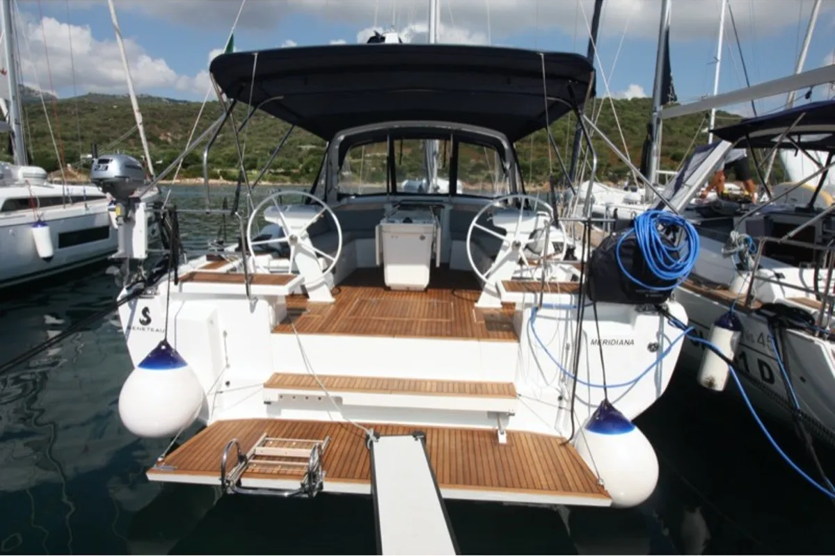Exterior view of Meridiana, a Beneteau Oceanis 46.1 sailboat at Olbia, Italy