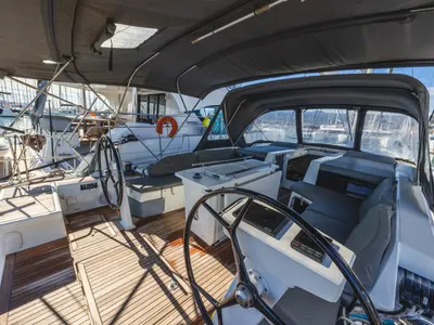 Cockpit of Forkys, a Beneteau Oceanis 51.1 sailboat at Municipal Unit of Lefkada, Greece