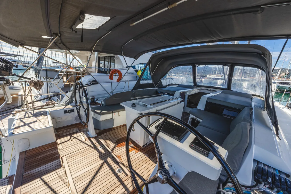 Cockpit of Forkys, a Beneteau Oceanis 51.1 sailboat at Municipal Unit of Lefkada, Greece