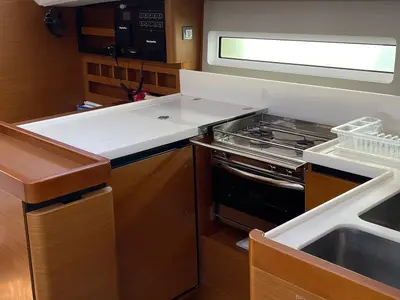 Galley of OLYMPIA, a Jeanneau Sun Odyssey 440 sailboat at Skiathos, Greece
