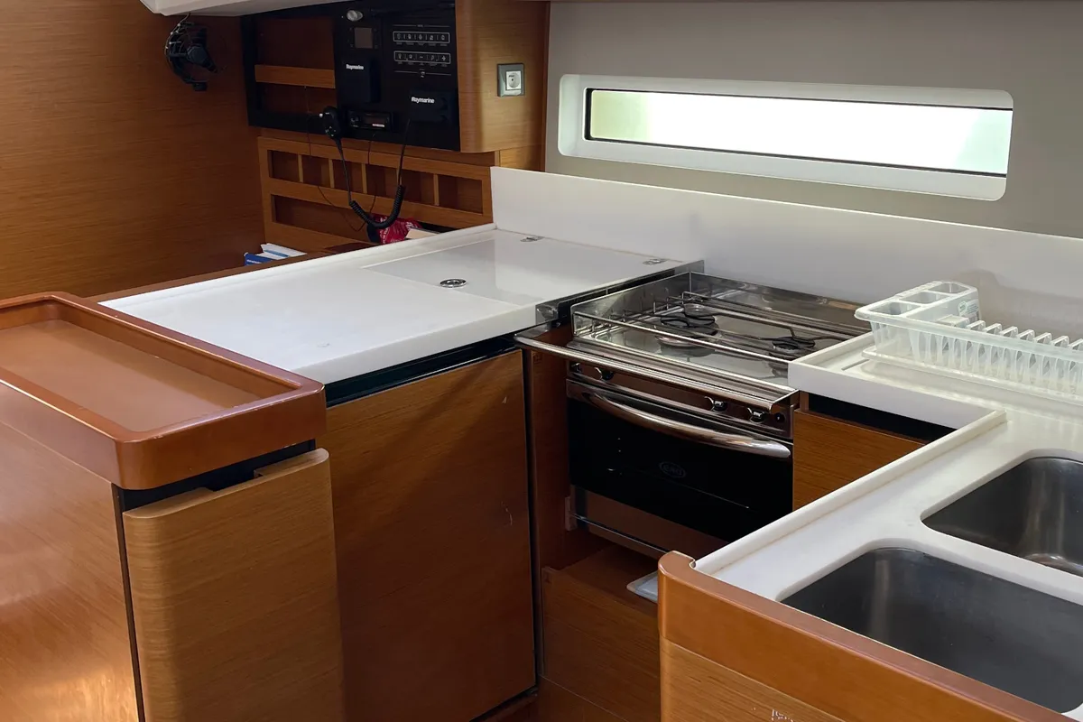 Galley of OLYMPIA, a Jeanneau Sun Odyssey 440 sailboat at Skiathos, Greece