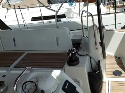 Deck of OLYMPIA, a Jeanneau Sun Odyssey 440 sailboat at Skiathos, Greece