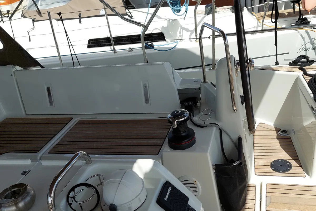 Deck of OLYMPIA, a Jeanneau Sun Odyssey 440 sailboat at Skiathos, Greece