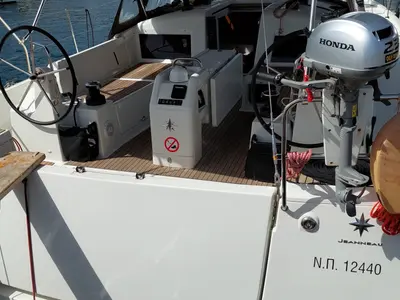 Cockpit of OLYMPIA, a Jeanneau Sun Odyssey 440 sailboat at Skiathos, Greece