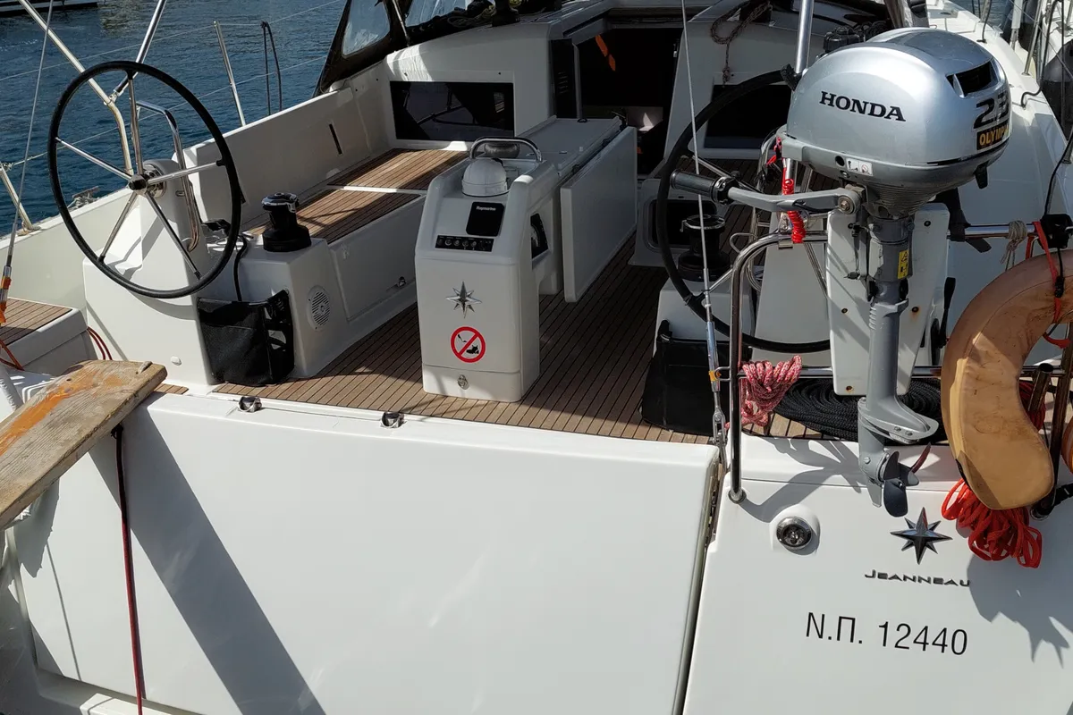 Cockpit of OLYMPIA, a Jeanneau Sun Odyssey 440 sailboat at Skiathos, Greece