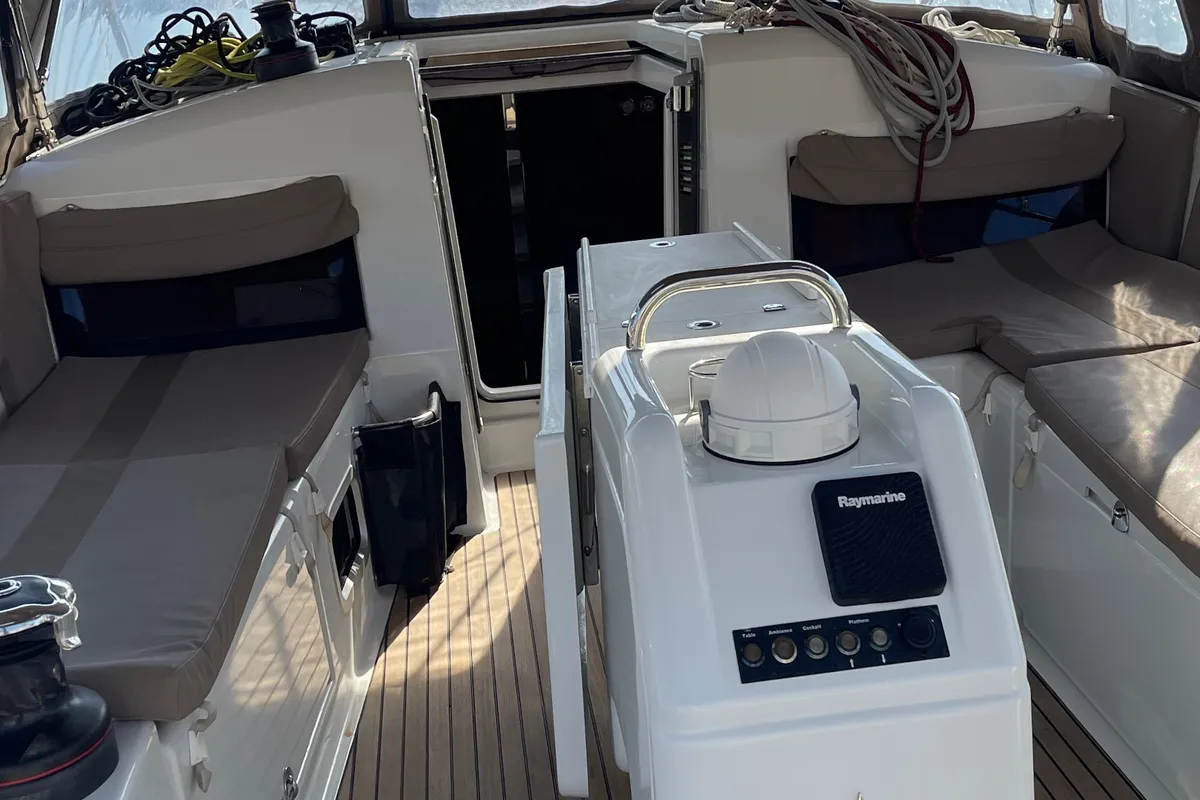 Cockpit of OLYMPIA, a Jeanneau Sun Odyssey 440 sailboat at Skiathos, Greece