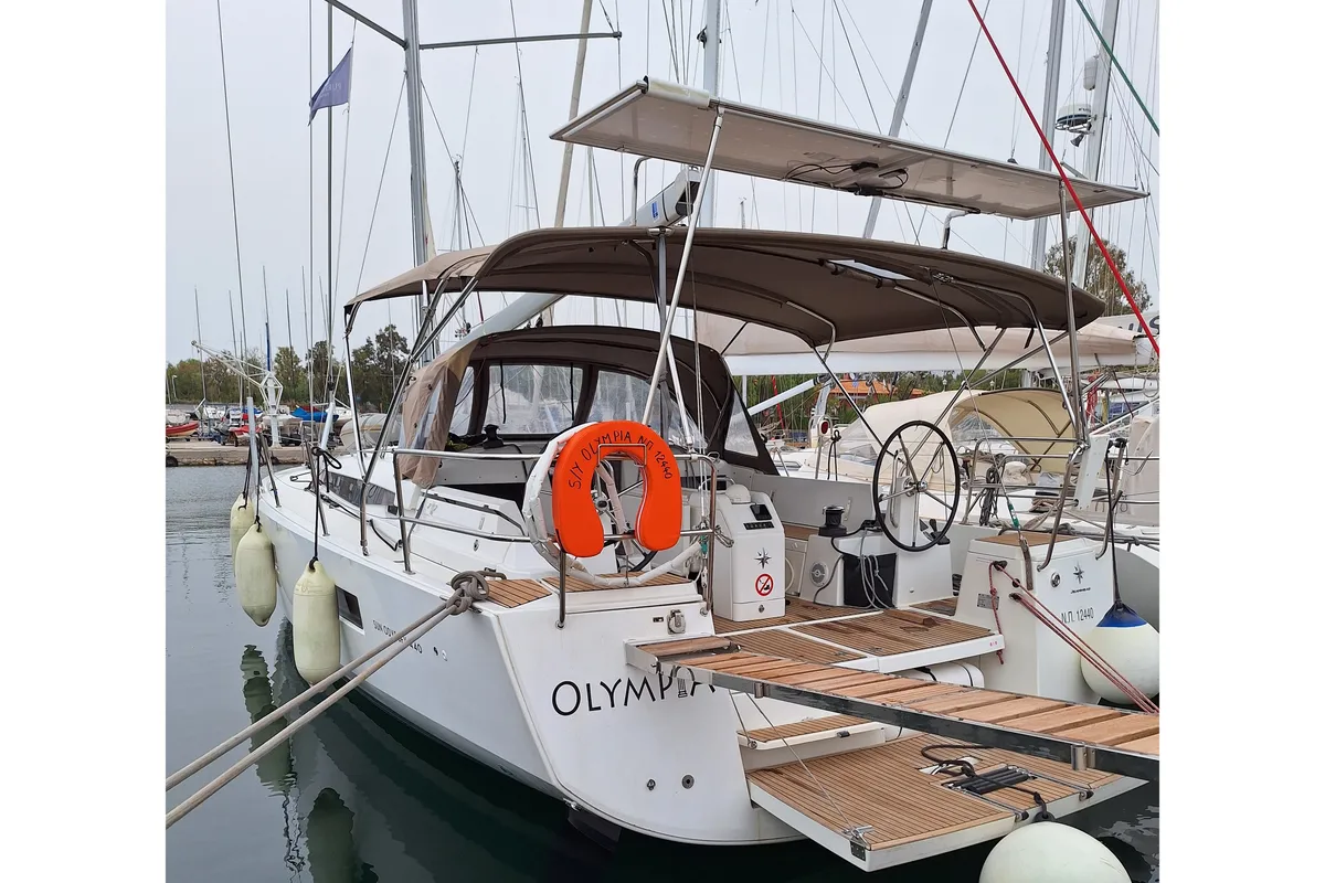 Exterior view of OLYMPIA, a Jeanneau Sun Odyssey 440 sailboat at Skiathos, Greece