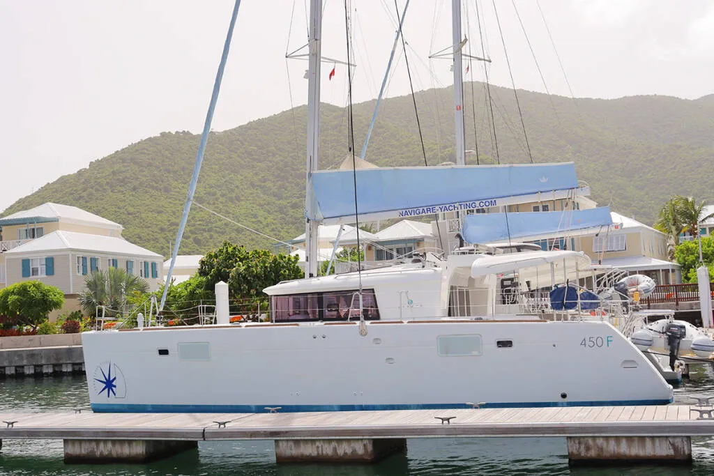 Exterior view of Moët, a Lagoon 450 F catamaran at Road Town, British Virgin Islands