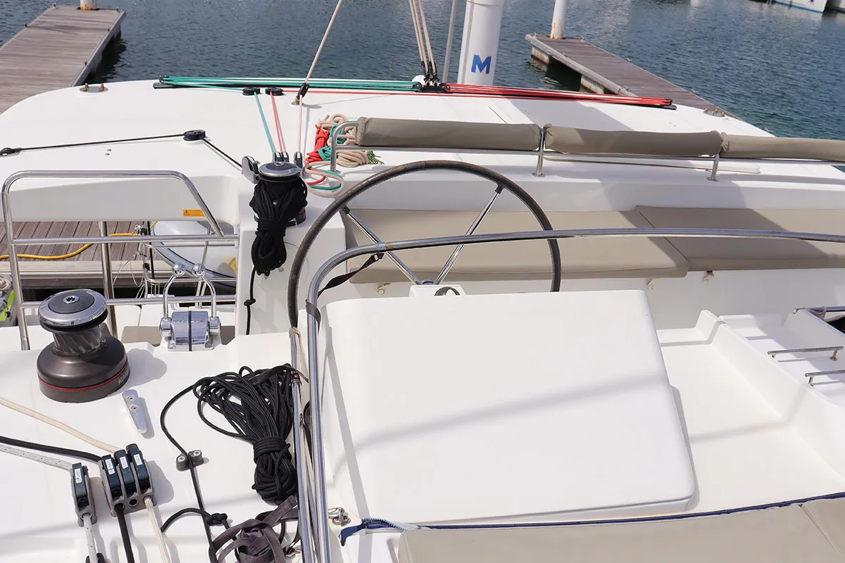 Cockpit of Moët, a Lagoon 450 F catamaran at Road Town, British Virgin Islands