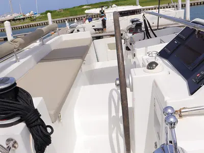 Cockpit of Moët, a Lagoon 450 F catamaran at Road Town, British Virgin Islands