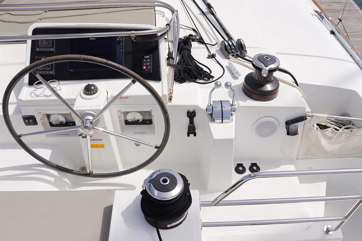 Cockpit of Moët, a Lagoon 450 F catamaran at Road Town, British Virgin Islands