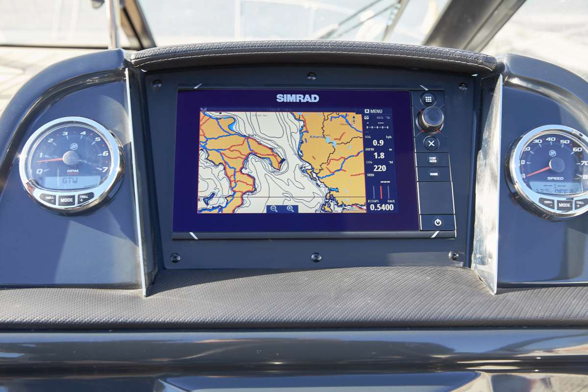 Cockpit of Quick, a Quicksilver Activ 755 CR motorboat at Tribunj, Croatia