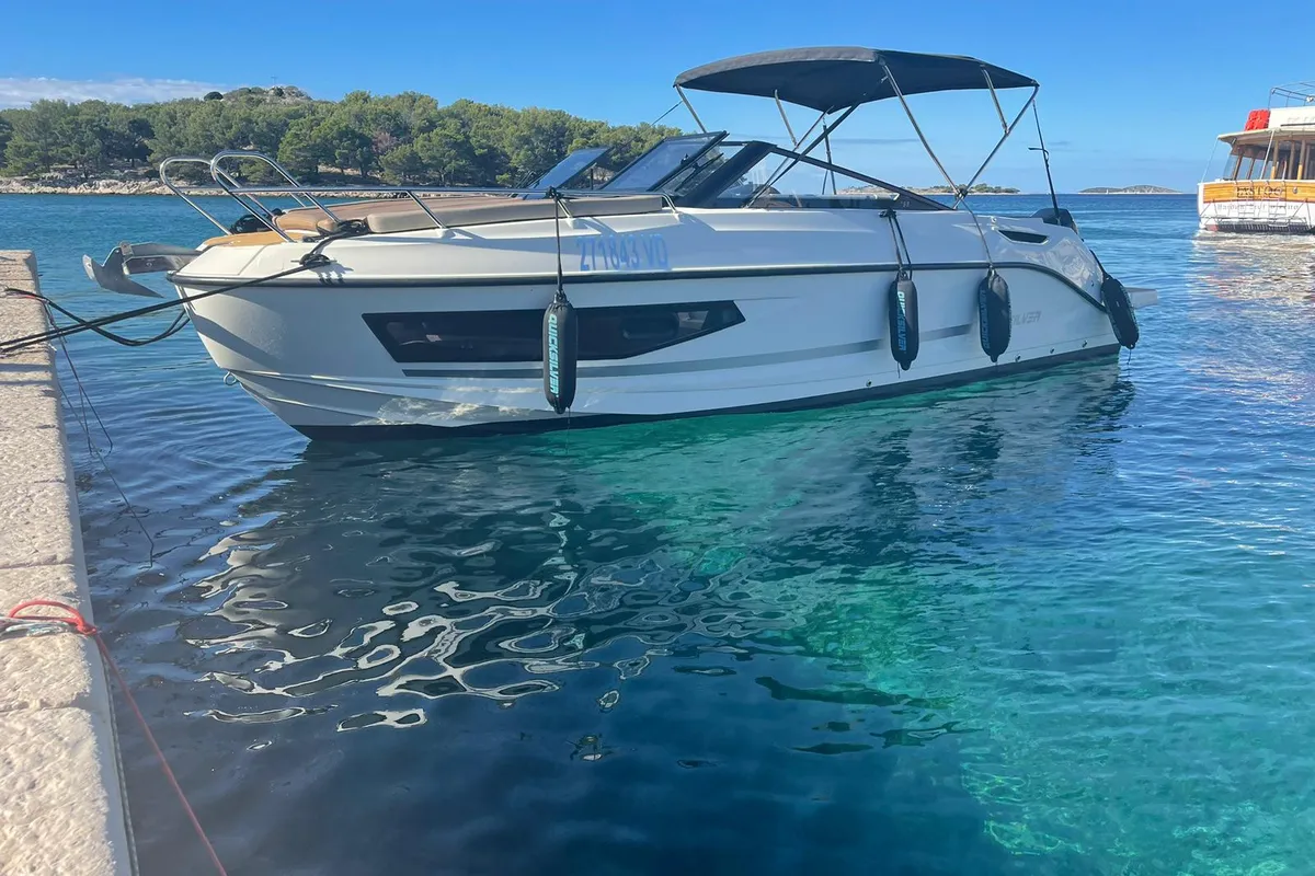 Exterior view of Quick, a Quicksilver Activ 755 CR motorboat at Tribunj, Croatia