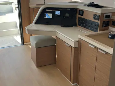 Cockpit of Italy, a Bali 5.4 catamaran at Capo d'Orlando, Italy