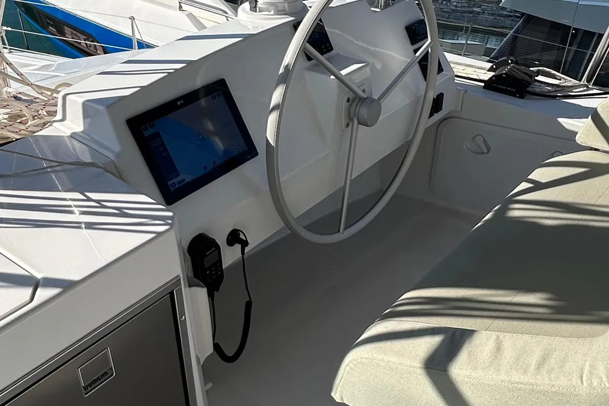 Cockpit of Italy, a Bali 5.4 catamaran at Capo d'Orlando, Italy