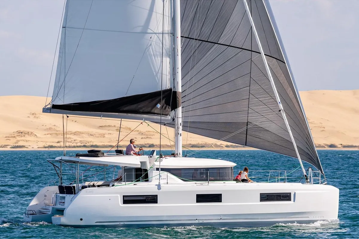 Exterior view of ELLA, a Lagoon 46 catamaran at Sant Antoni de Portmany, Spain