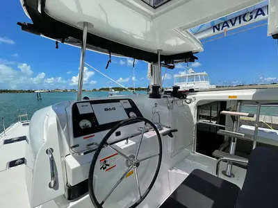 Cockpit of Hathor, a Lagoon 42 catamaran at Athens, Greece