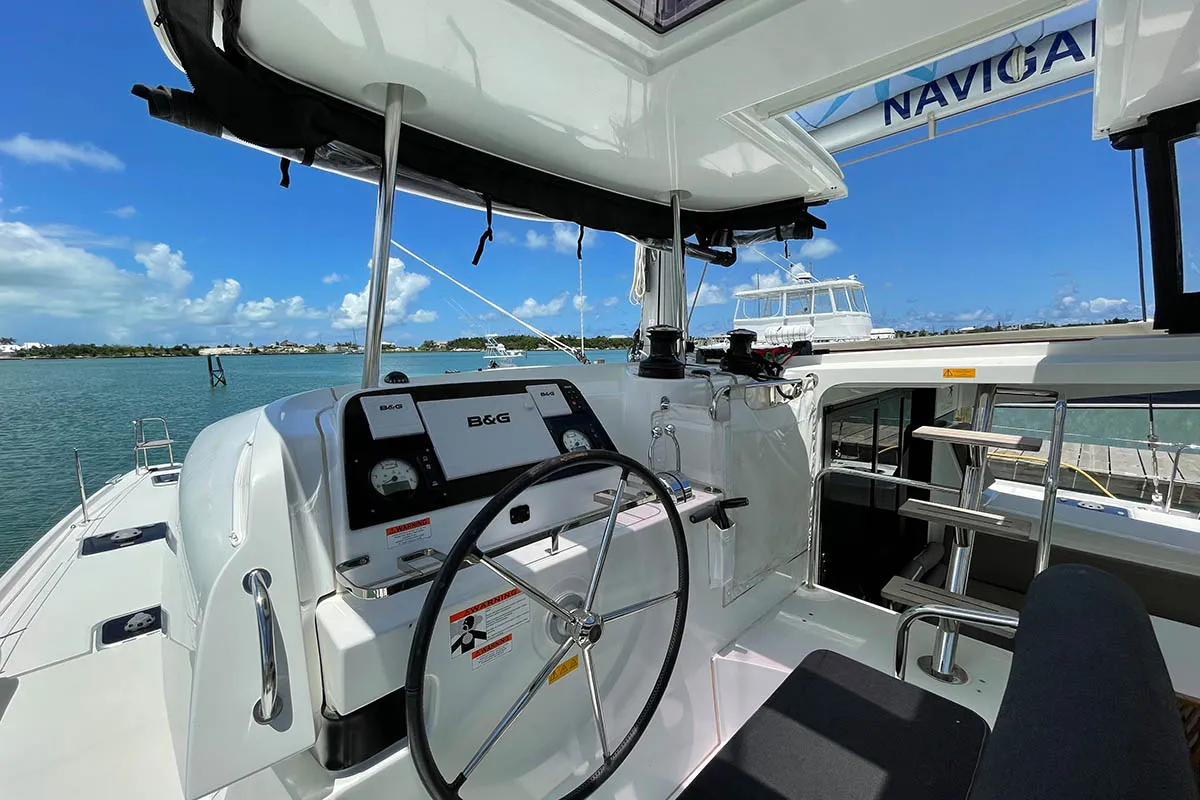 Cockpit of Hathor, a Lagoon 42 catamaran at Athens, Greece